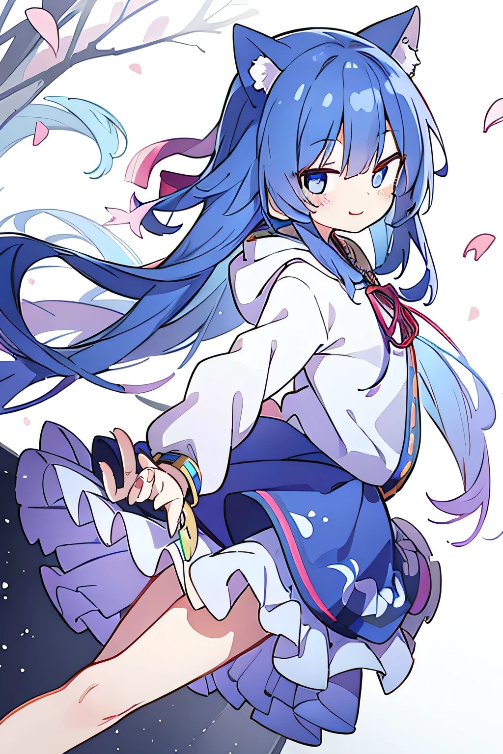 (masterpiece:1.2),Super detailed,lifelike,Expressive eyes,fair skin,perfect face shape,1 girl,
Japanese comics,Gorgeous blue hair,flowing blue hair,flowing clothes,Cat ears,Petals fall,beautiful lola,Baby Angel,
Shaking head with one hand,Cross your legs,Gentle and peaceful background,The pavilion is cool and comfortable,smile, wearing hoodie, background of tokyo,back views,snowing, winter.