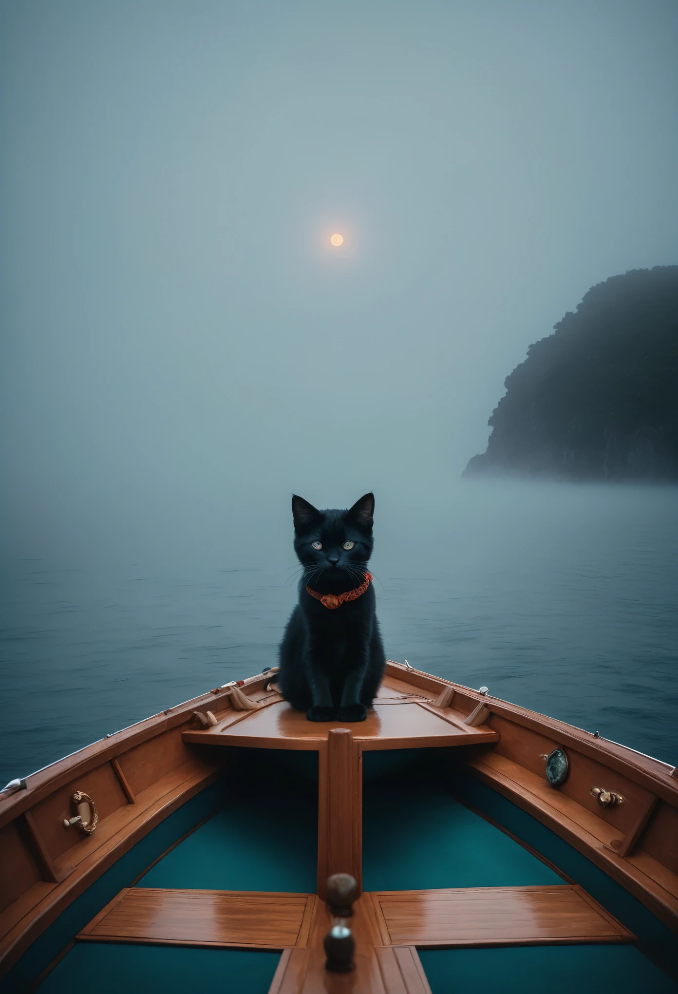Over the vast ocean shrouded in thick fog,Kitten on a boat,Felicia Simien and Studio Ghibli-inspired minimalist photography come to Adventure,Maximalism,Fine art,Cinema lighting,Negative Space,Dark Art,Surreal Realism