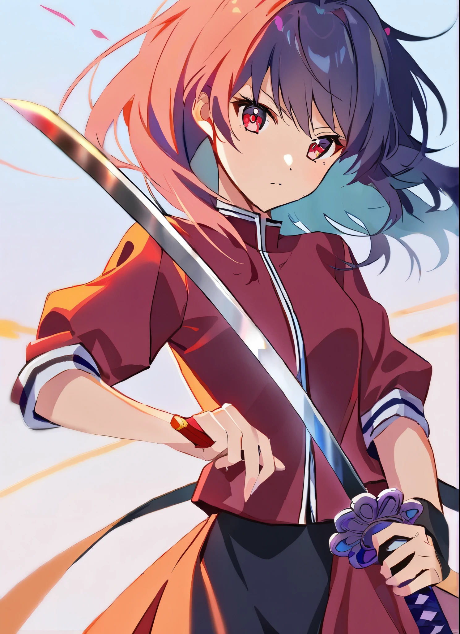 obra-prima, melhor qualidade, 1boy, Demon Slayer art, kimono preto, haori azul com nuvens brancas, roupas japonesas, cabelo longo, cabelo do Tomioka, mangas_longas, pele branca, cabelo preto com mechas vermelhas. Homem, It has blue eyes that are always shining. Veste um kimono totalmente preto e um Haori decorado com nuvens brancas, uniforme. Segurando uma espada de cor azulada, Blue blade, glistening water, Water power, water breath