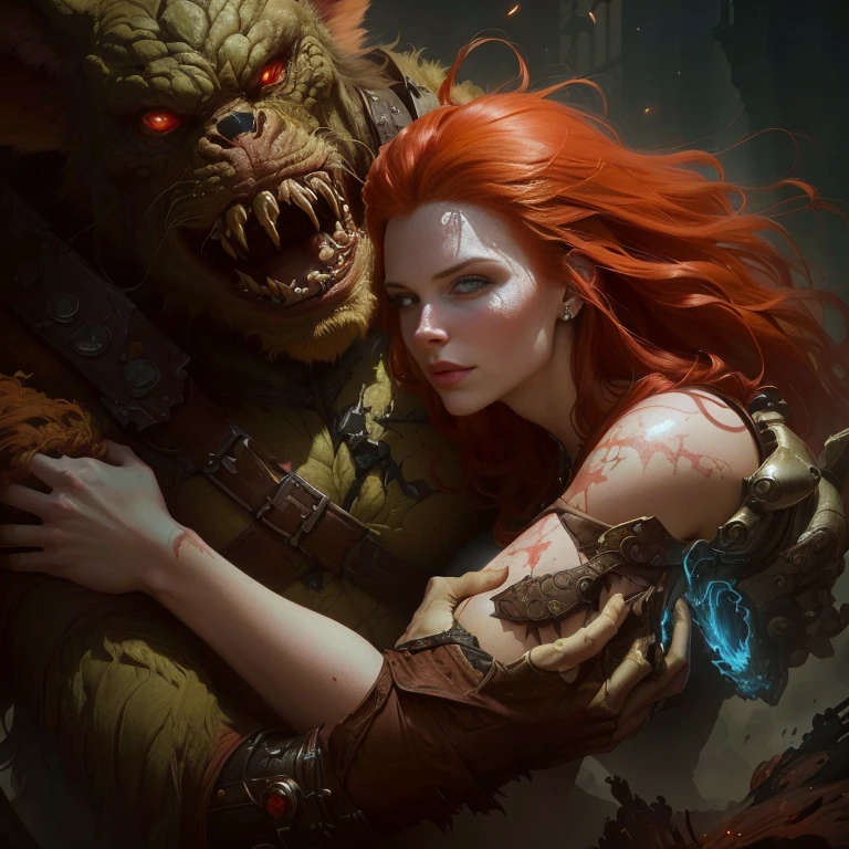 Close-up of a woman hugging a red-haired monster, Karol Baak and Peter Mohrbacher, Tyler Edlin Fantasy Art, by Alex Hawley-Orlandelli, Ryan Berger, by Alex Hawley, Vojtek Fuss, Artgerm and Greg Rutkowski, Artgerm Julie Bell Beeple, fantasy horror art