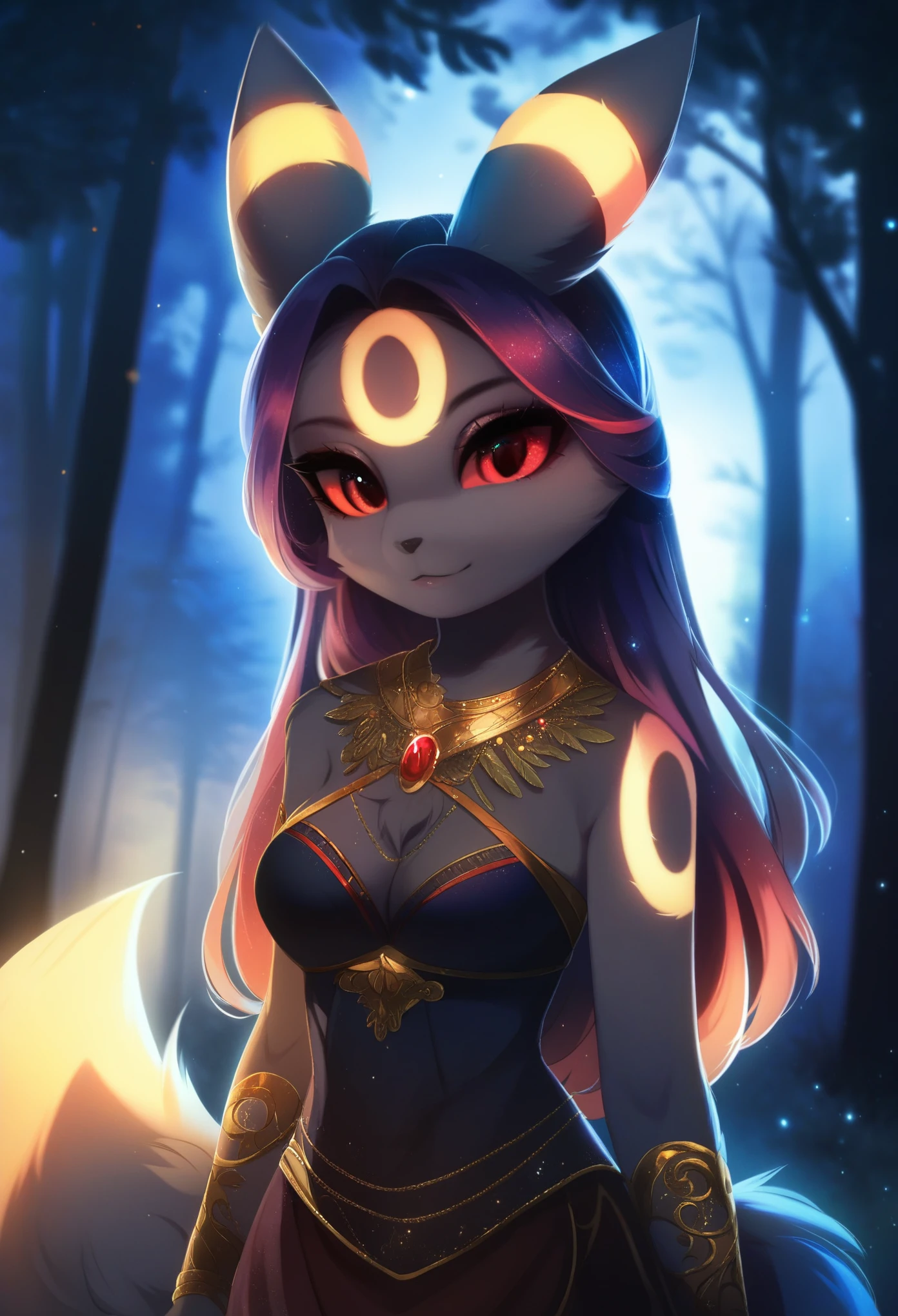 score_9, score_8_up, score_7_up, source_furry, rating_safe, by magnaluna,, 1girl,anthro, umbreon, black body fur, gold markings, pokemon, red eyes, fluffy fur, at night, moonlight, forest, detailed background, best quality, clothing