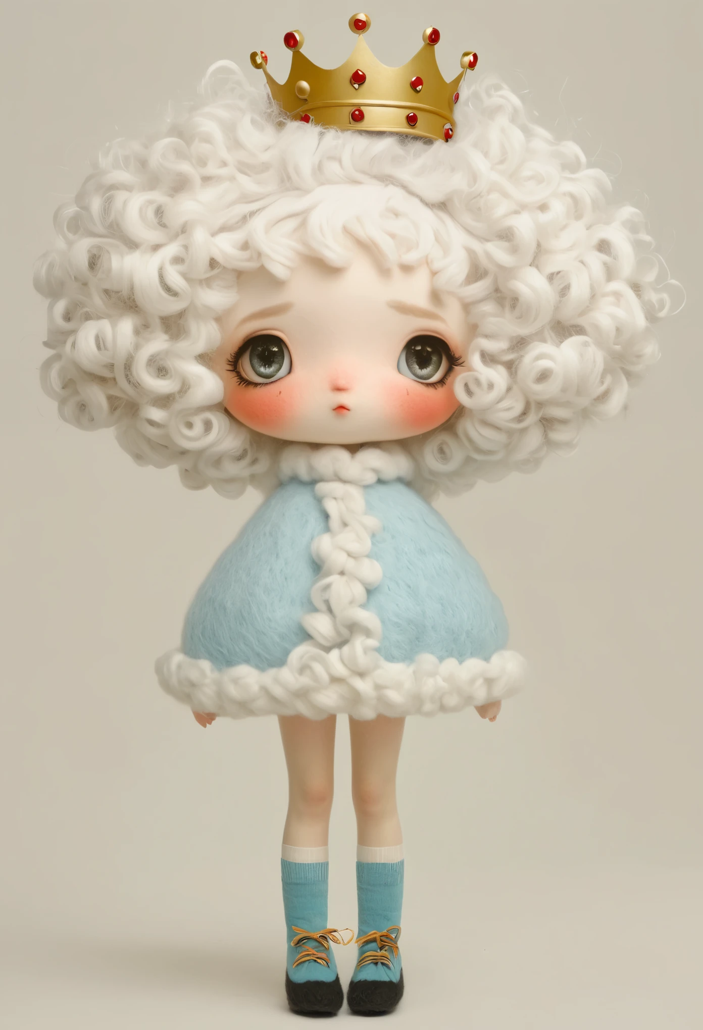 (masterpiece, best quality:1.2), 1 girl, solitary, big eyes，White curly hair，Felt Clothing，crown，Long legs，sock，shoe，whole body