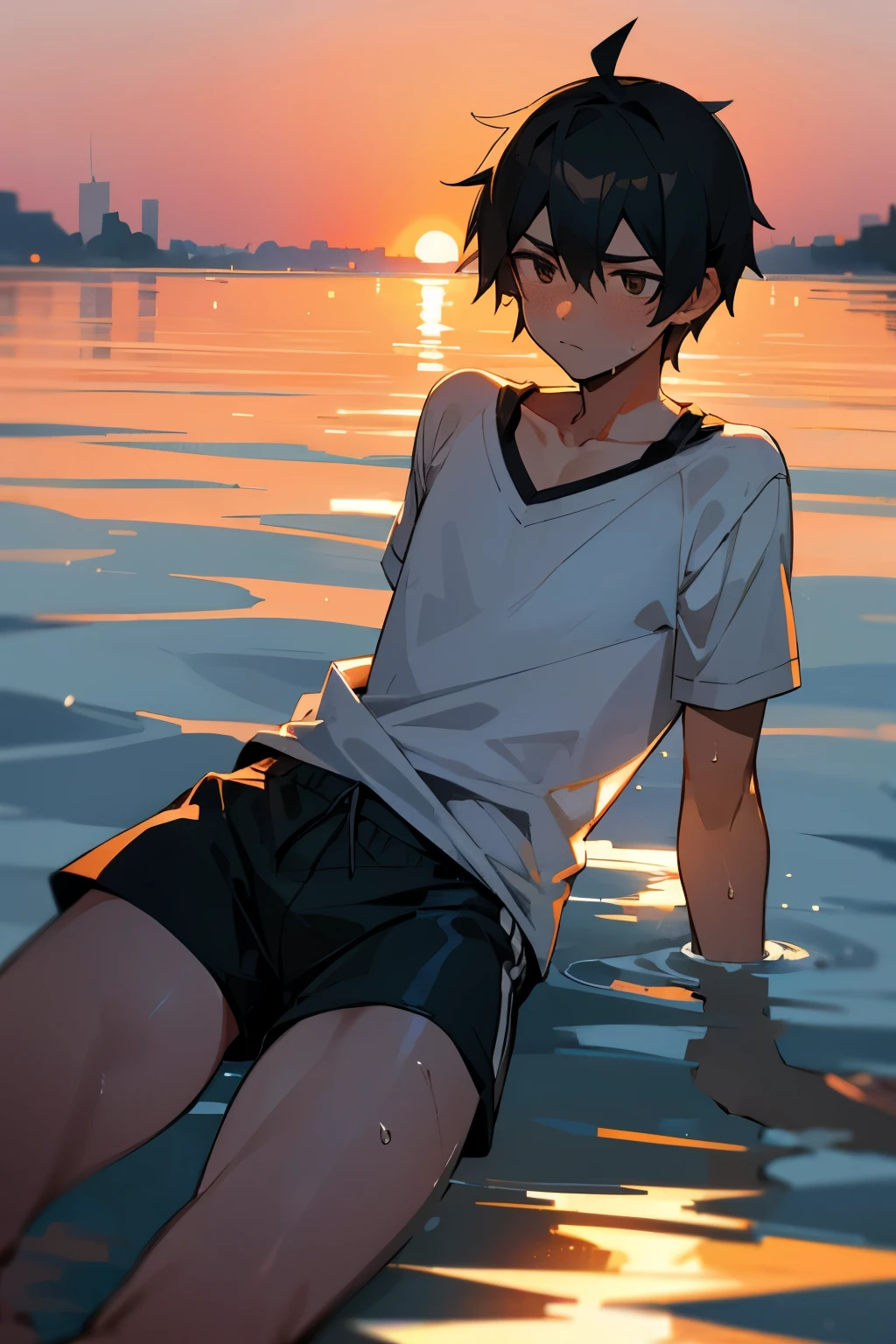 Male, summer, sweat, wearing short shorts, black shorts,tired, sunset, water,