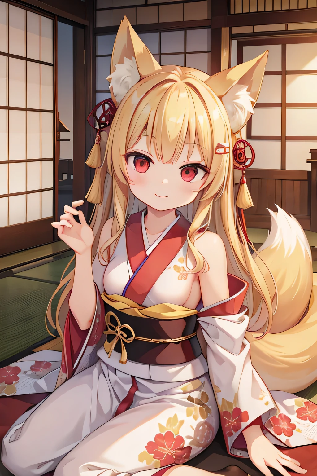 highest quality、smile、Small breasts、Fox ears、Long blonde、Red Eye、kimono、Japanese-style room
