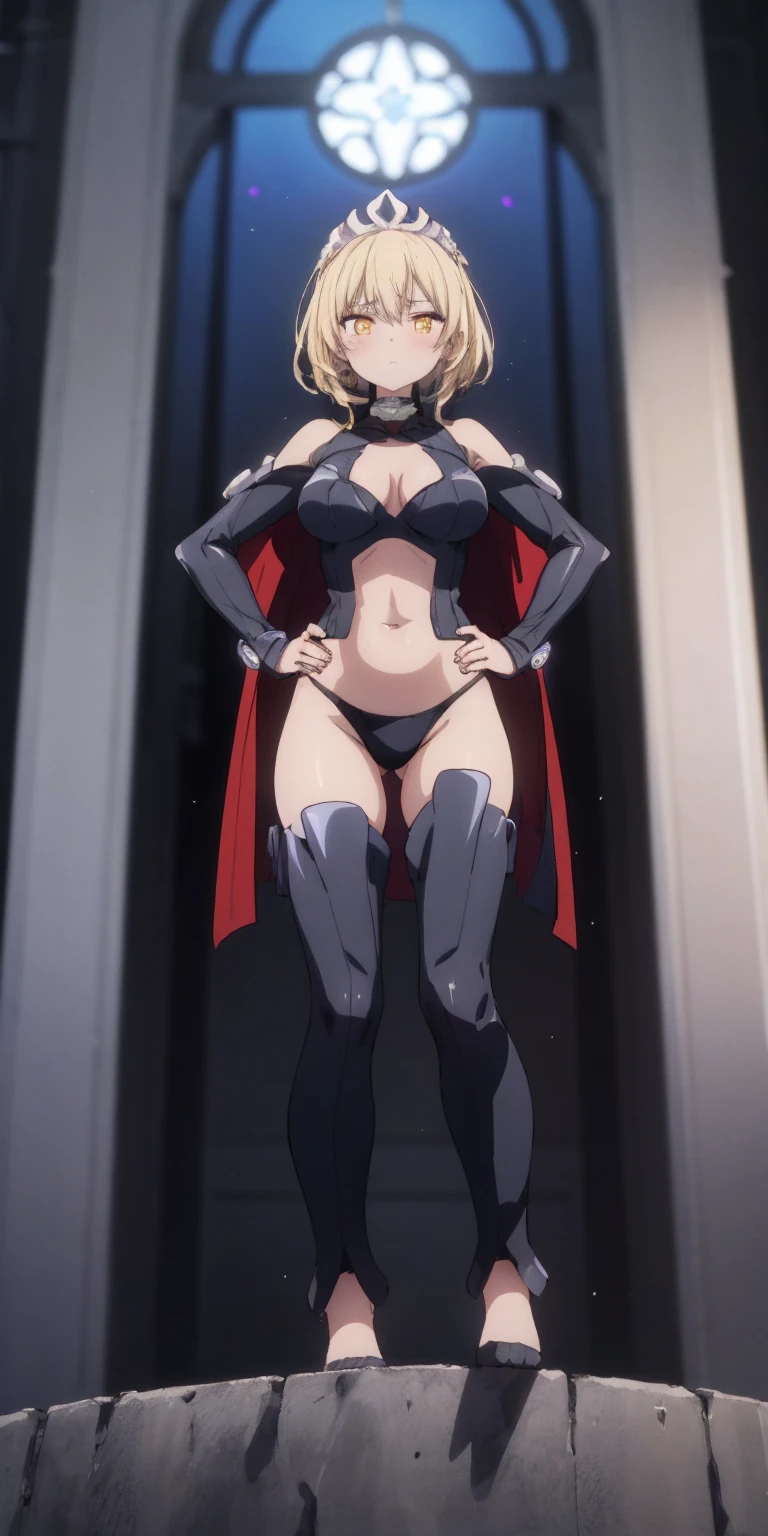 Female wearing tight gantz suit armor torn apart, black collar, corset, navel, abs, single braid, blonde, yellow glowing eyes, bright pupils, eye focus, red cape, temple indoors, stained glass windows, night, moonlight, particles, light beam, chromatic aberration, (full body, whole body. 1solo (girl) slave fighter, loincloth standing, hands on hips full body, whole body, 1solo (girl). slave fighter, standing, hands on hips, choker, big belt, view from below, feet together, bracers, tiara)