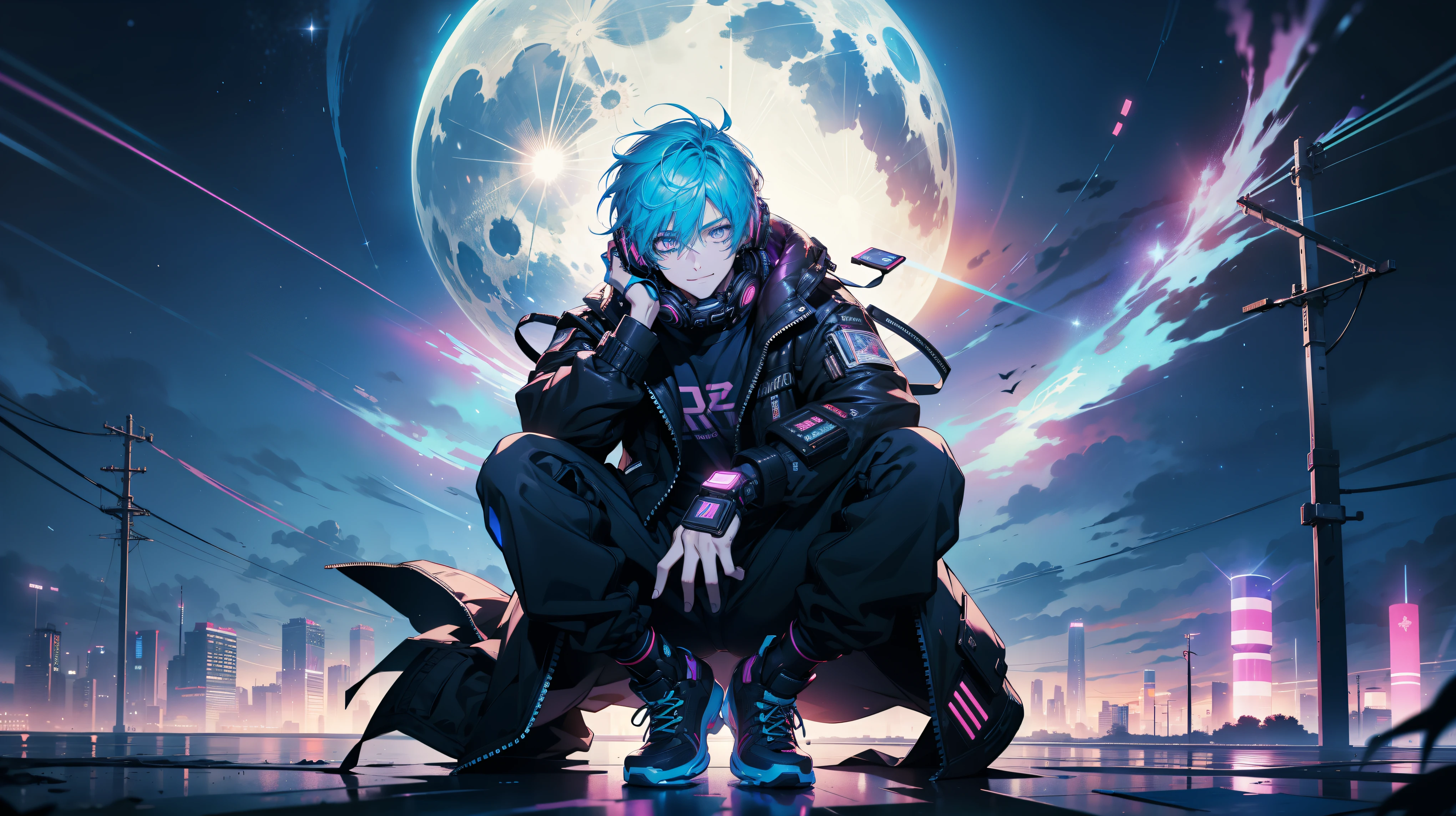 1boy, (extremely beautiful), solo, male focus, cyberpunk, neon lights, vibrant colors, headphones, Cyberpunk, neon, masterpiece, best quality, ultra-detailed, cyberpunk background, detail, in the starry night, stars, moon, explosive and clear eyes, glowing eyes, beautiful details in the wind, little smile. thinking and watching the moon, electrifying, having fun, full body, music