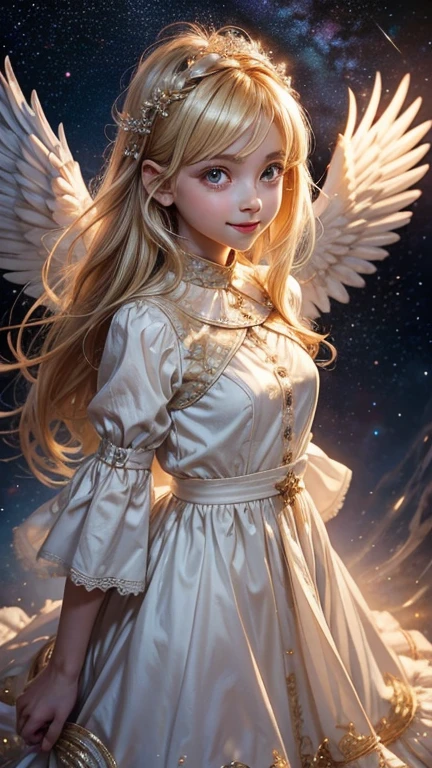 Shoot from the front, Look directly at the viewer, From above:1.2, Beautiful toddler girl angel, A kind smile, Big eyes, blonde, A neat dress with sleeves that cover the chest, Angel wings on the back, Space background with many shining stars, Prayer-like pose, Realistic