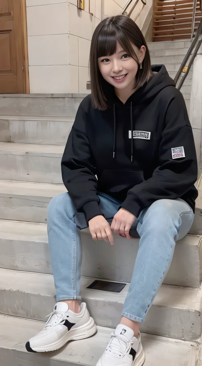 highest quality, Realistic, Very detailed, Finer details, High resolution, 8k wallpaper, One beautiful woman,Sit on the stairs、(Wear black socks)smile、(Beautiful teeth alignment、)(Gums are visible) Oversized hoodie, Skinny jeans,( Black sneakers)、Black Hair、 Beautiful Bangs、ear piercing、Perfect dynamic composition, Beautiful and detailed, Full Body Shot, A big smile