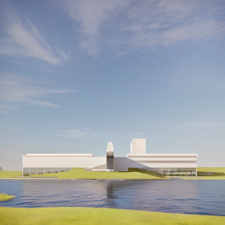 There is a building,There is water and lake in front, architectural rendering, Architectural Rendering, Photographic Rendering, Inspired by Tadao Ando, building along a river, Digital Rendering, Detail rendering, Inspired by David Chipperfield, Concept map, Architectural Visualization, highly Photographic Rendering, Concept Rendering, Final Render, Artist's impression, Artist's impression, Artistic Impression
