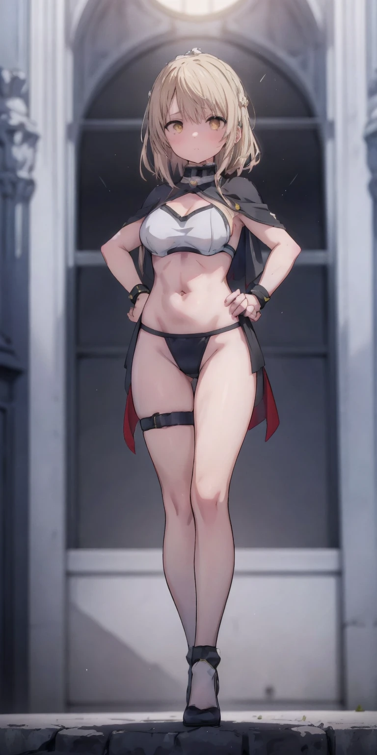 Female wearing tight gantz suit armor torn apart, black collar, corset, navel, abs, single braid, blonde, yellow glowing eyes, bright pupils, eye focus, red cape, temple indoors, stained glass windows, night, moonlight, particles, light beam, chromatic aberration, (full body, whole body. 1solo (girl) slave fighter, loincloth standing, hands on hips full body, whole body, 1solo (girl). slave fighter, standing, hands on hips, choker, big belt, view from below, feet together, bracers, tiara)