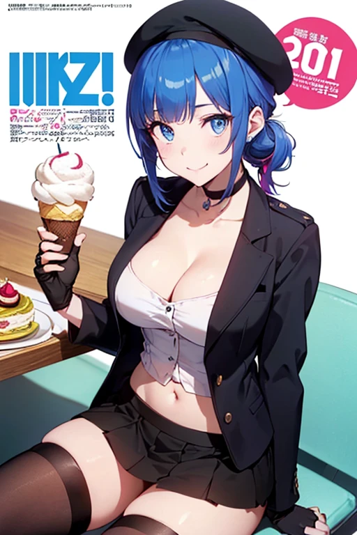 (from below:1.2),(from side:0.9), ((beautiful Face)), (Close-Up:0.6), ((looking at viewer, holding a icecream)),(Italian sweets magazine cover:1.4), highest quality、(real、photorealistic:1.5),(ultra high resolution,dark blue hair,long hair,side ponytail,hair between eyes,bangs, (beret, black jacket, open clothes, cleavage, midriff, black perfect medium skirt, black thighhighs, thigh strap, fingerless gloves, single glove:1.2), (double breasted,under bust:1.2), sitting at a table, cute, visual of a cute girl, cute girl, eating cakes, young girl, guweiz, high quality anime artstyle, anime girl, artwork in the style of guweiz, beautiful girl, pretty girl, official artwork,(with sparkling eyes and a contagious smile),her thin pubic hair, looking at viewer, pose muy sexy"

