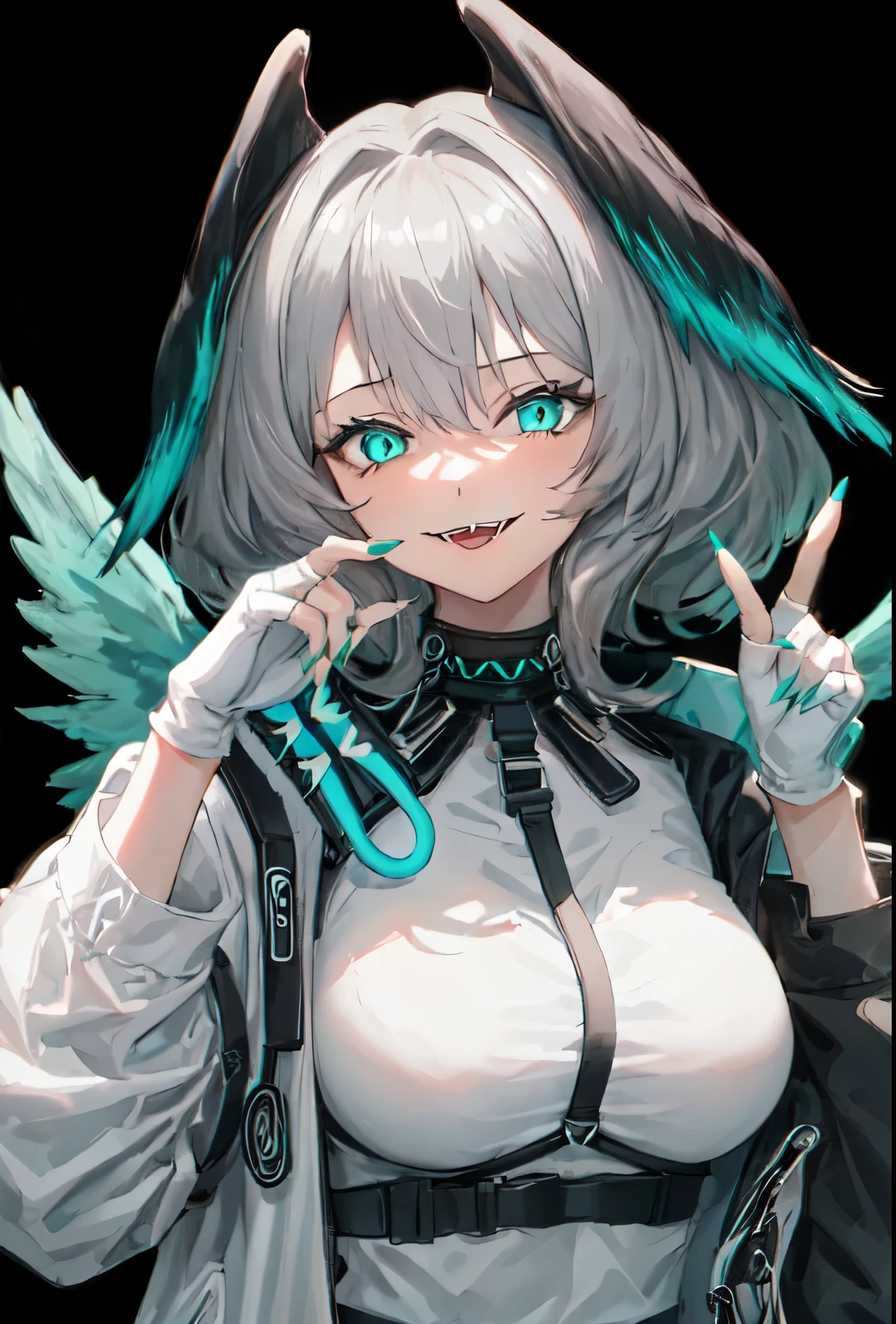 best quality, masterpiece, highres, solo, {ho_olheyak_arknights:0.90}, 1girl, fingerless_gloves, looking_at_viewer, nail_polish, open_mouth, smile, upper_body, white_gloves, aqua_nails, long_sleeves, simple_background, teeth, wings, black_background, blue_nails, hand_up, medium_hair, white_shirt, black_jacket, fangs, green_nails