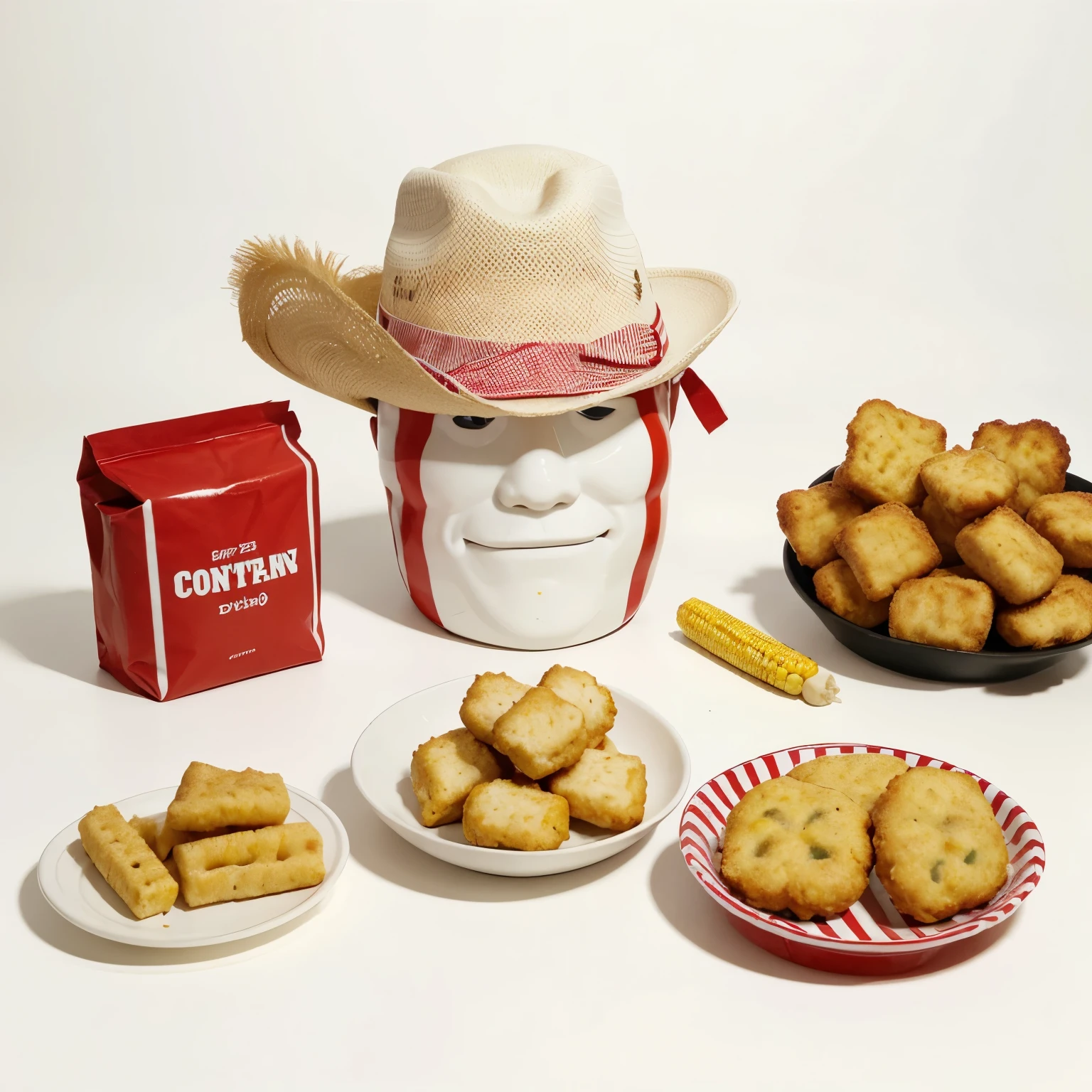 A corn and 2 chicken nuggets with a happy cowboy hat and a white background with red stripes
