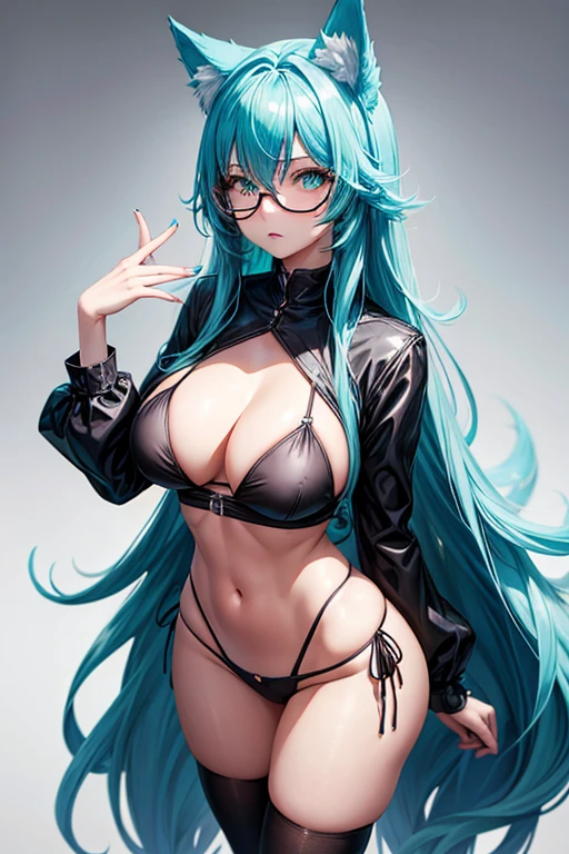 hot girl, beautiful long cyan hair, wearing glasses, cyan eyes, sexy black bikini, big but medium breasts, t no panties and long black transparent socks, wolf ears, 