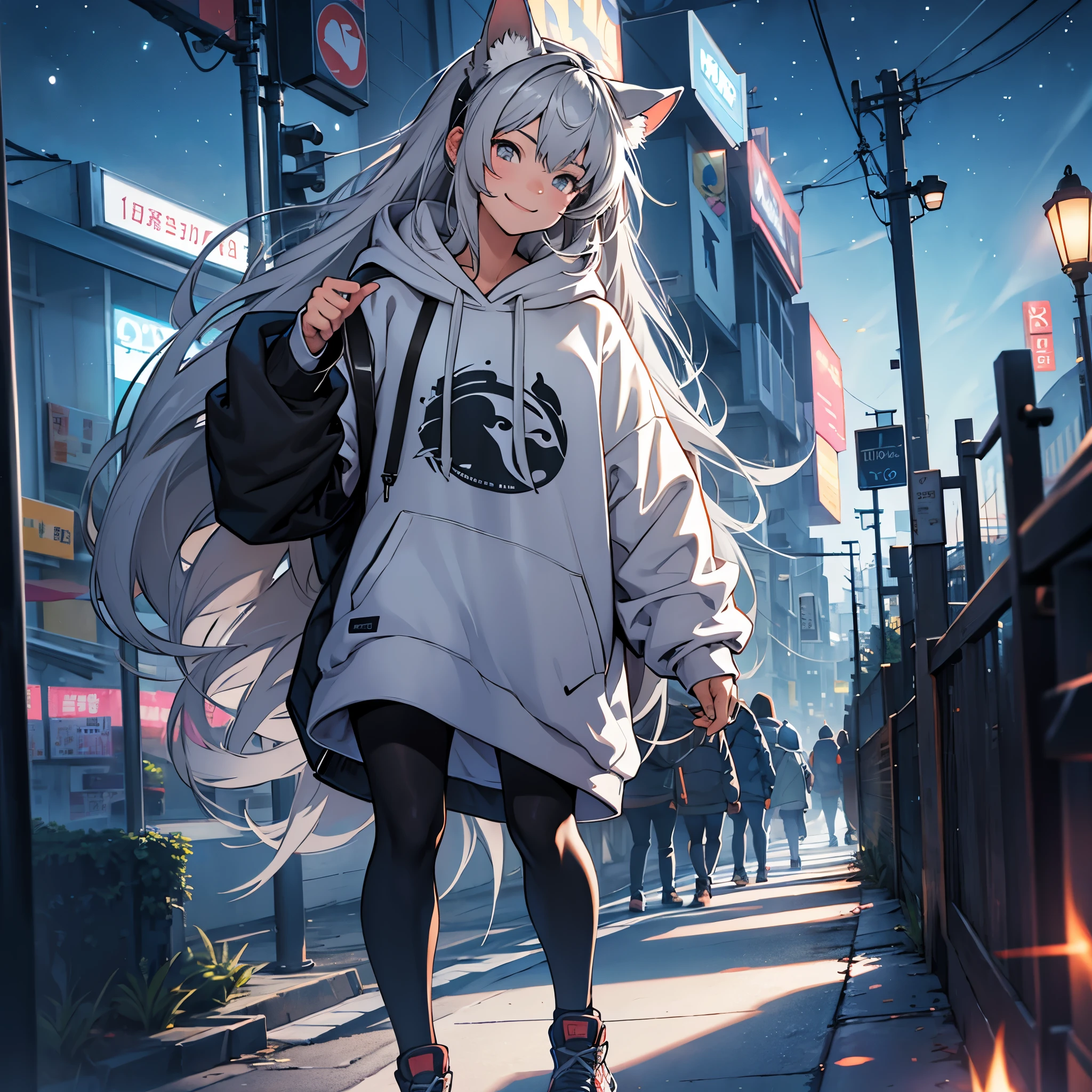 One girl,Gray Hair,Long Hair,Animal ears,,Night view,smile,hoodie,Full body portrait