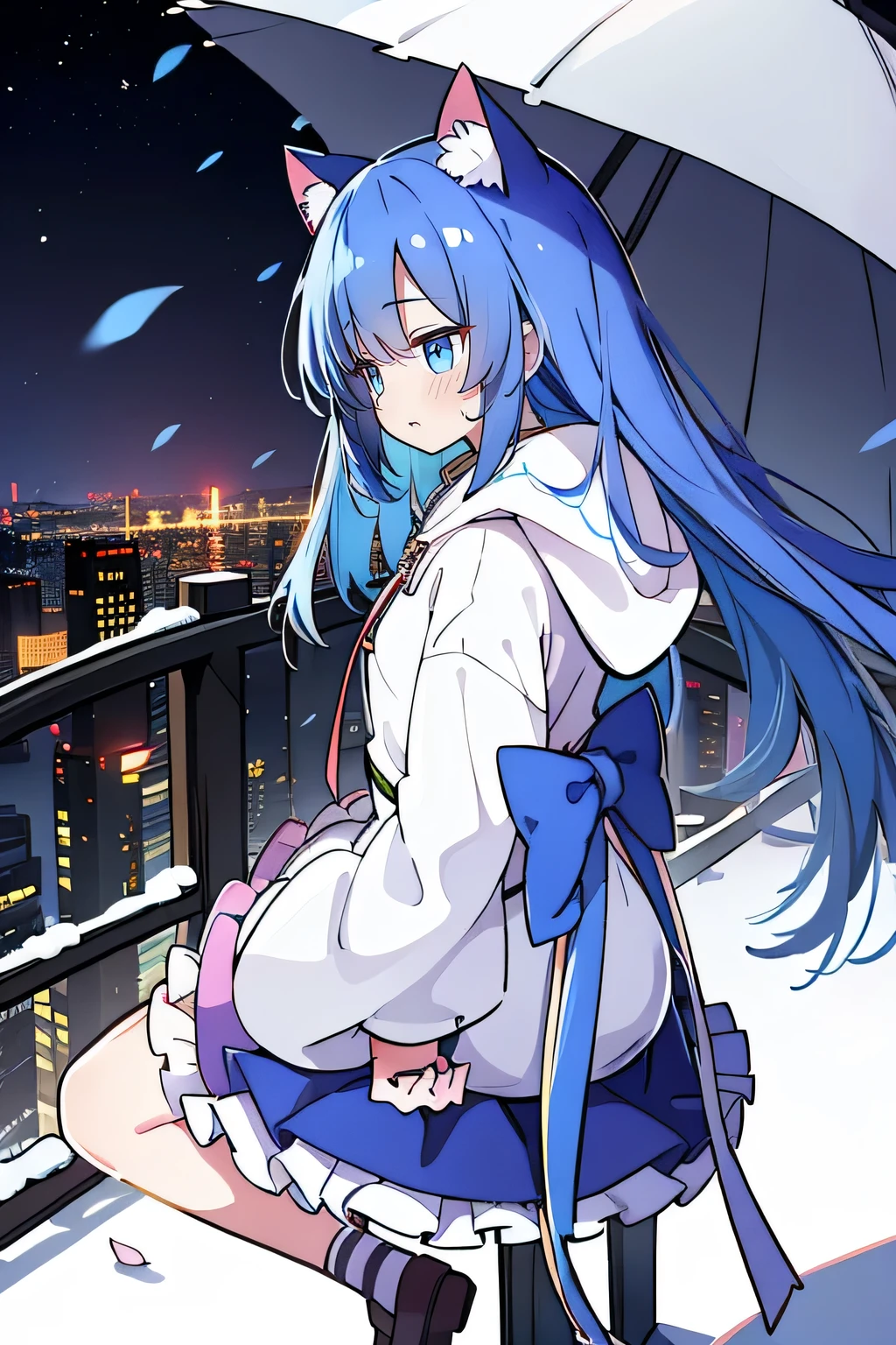 (masterpiece:1.2),Super detailed,lifelike,Expressive eyes,fair skin,perfect face shape,1 girl,
Japanese comics,Gorgeous blue hair,flowing blue hair,flowing clothes,Cat ears,Petals fall,beautiful lola,Baby Angel,
Shaking head with one hand,Cross your legs,Gentle and peaceful background,The pavilion is cool and comfortable,smile, wearing hoodie, background of tokyo,back views,snowing, winter.