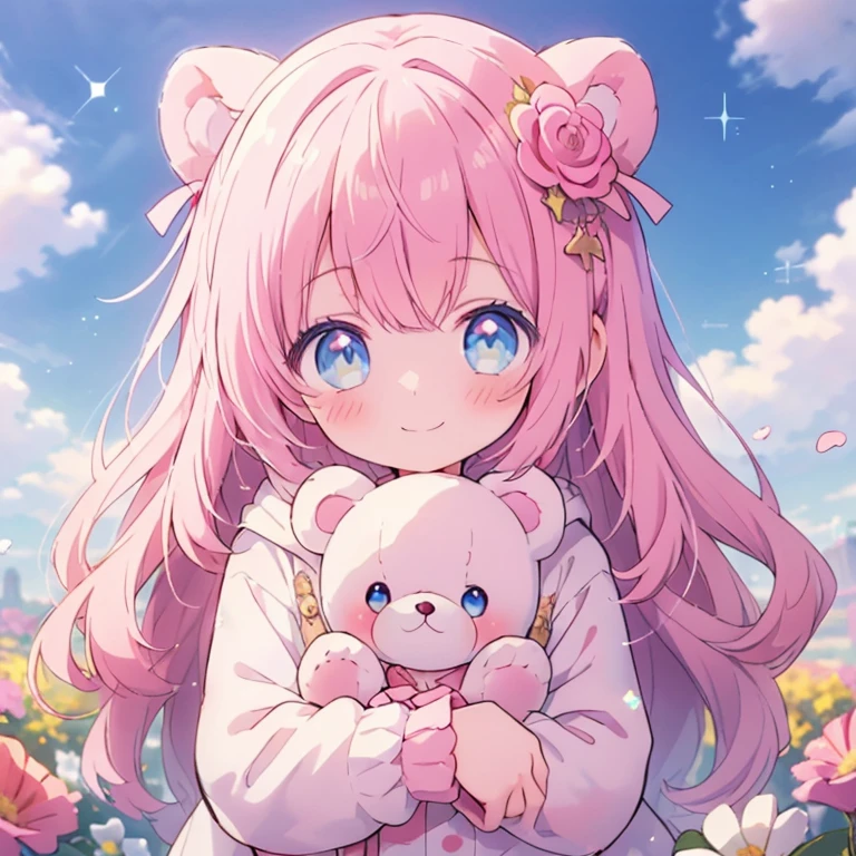 Digital art style girl，Big Head，baby pink hair，cute瞳，Adorable smile，Esbian all over、Pure、****ta hoodie fashion，Pure，Lovely，cute，teddy bear🧸，fluffy，Rosy Cheeks，Flowers sparkle，blue sky，Fantasy World，Depth of written boundary_shallow