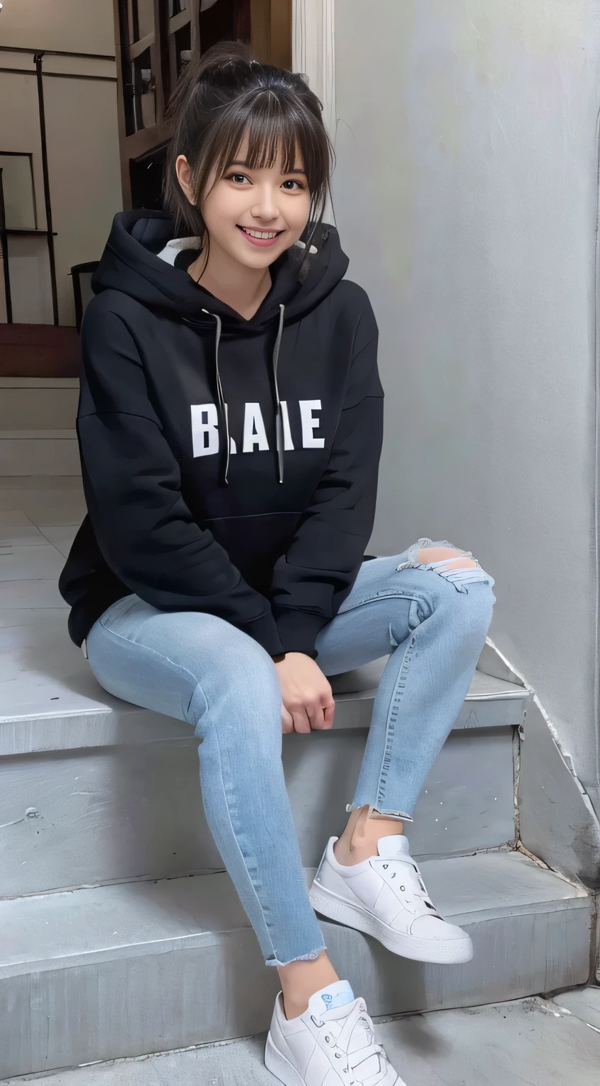 highest quality, Realistic, Very detailed, Finer details, High resolution, 8k wallpaper, One beautiful woman,Sit on the stairs、(Wear black socks)smile、(Beautiful teeth alignment、)(Gums are visible) Oversized hoodie, Skinny jeans,( Black sneakers)、Black Hair、 Beautiful Bangs、ear piercing、Perfect dynamic composition, Beautiful and detailed, Full Body Shot, A big smile