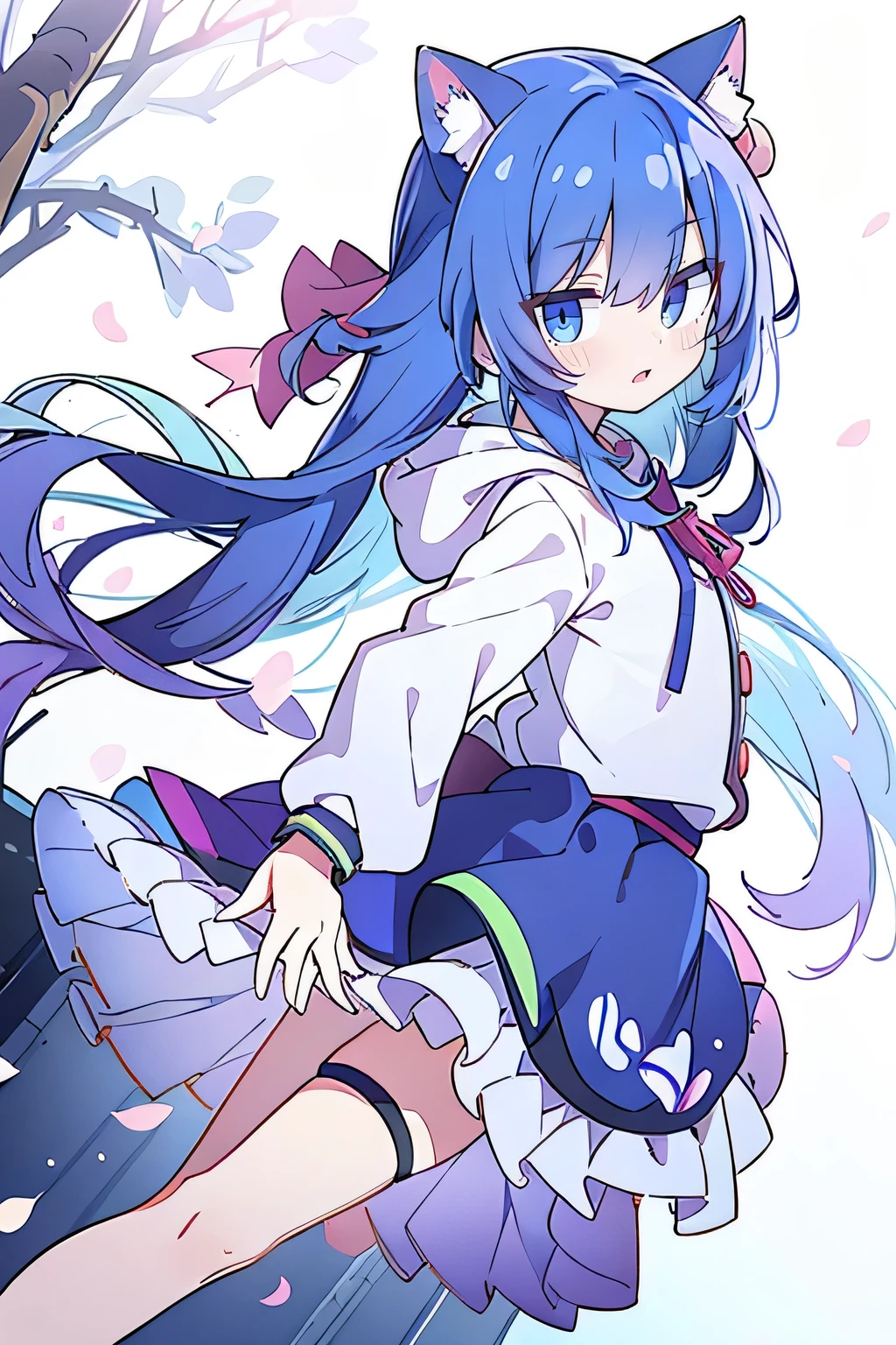 （masterpiece：1.2），Super detailed，lifelike，Expressive eyes，fair skin，perfect face shape，1 girl，
Japanese comics,Gorgeous blue hair,flowing blue hair,flowing clothes,Cat ears,Petals fall,beautiful lola,Baby Angel,
Shaking head with one hand，Cross your legs，Gentle and peaceful background，The pavilion is cool and comfortable,smile, wearing hoodie, background of tokyo,back views,snowing, winter.