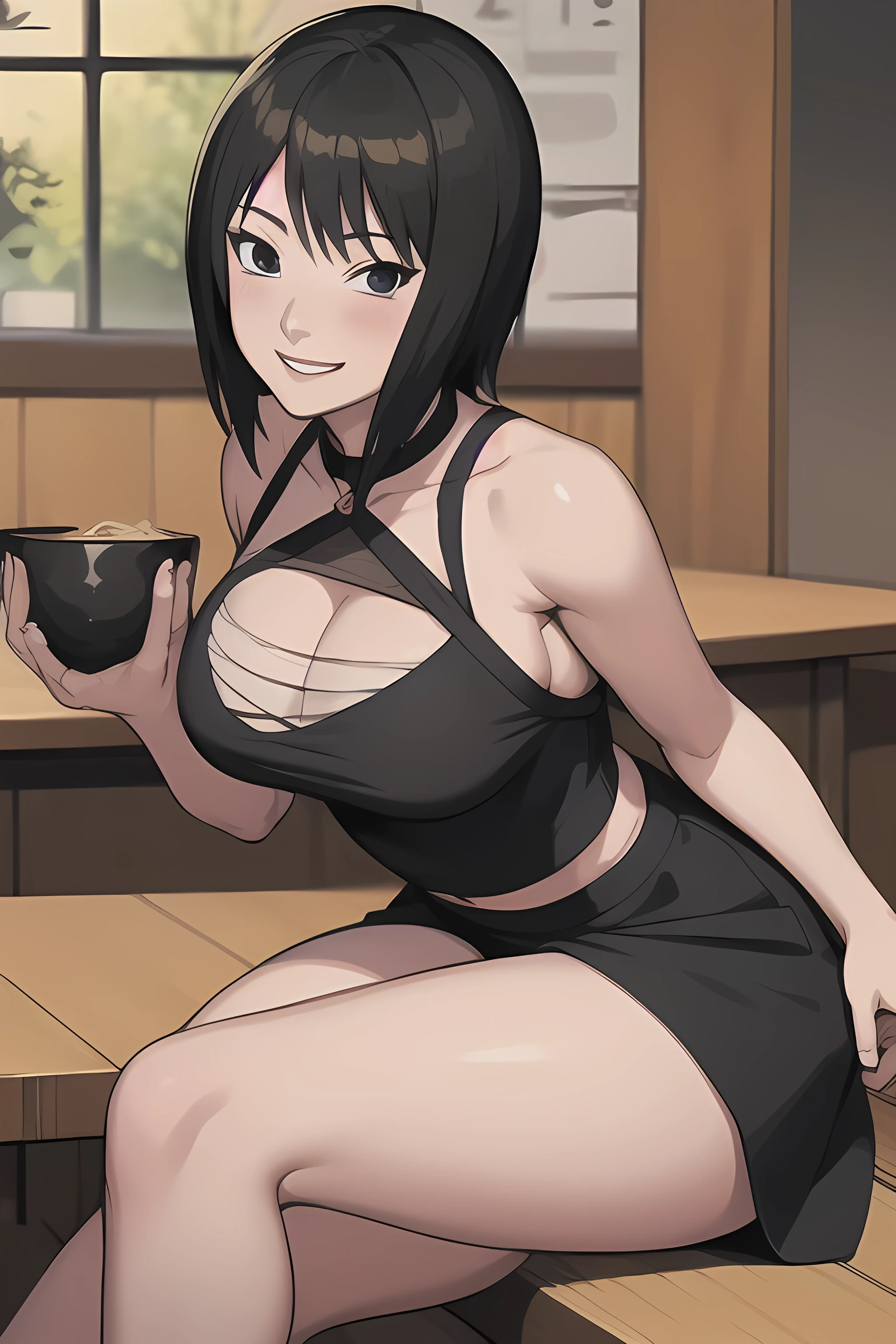 masterpiece, best quality, shizune, black dress, indoors, table, sitting, bowl of ramen, smile, 1girl, thighs, midriff, blushing