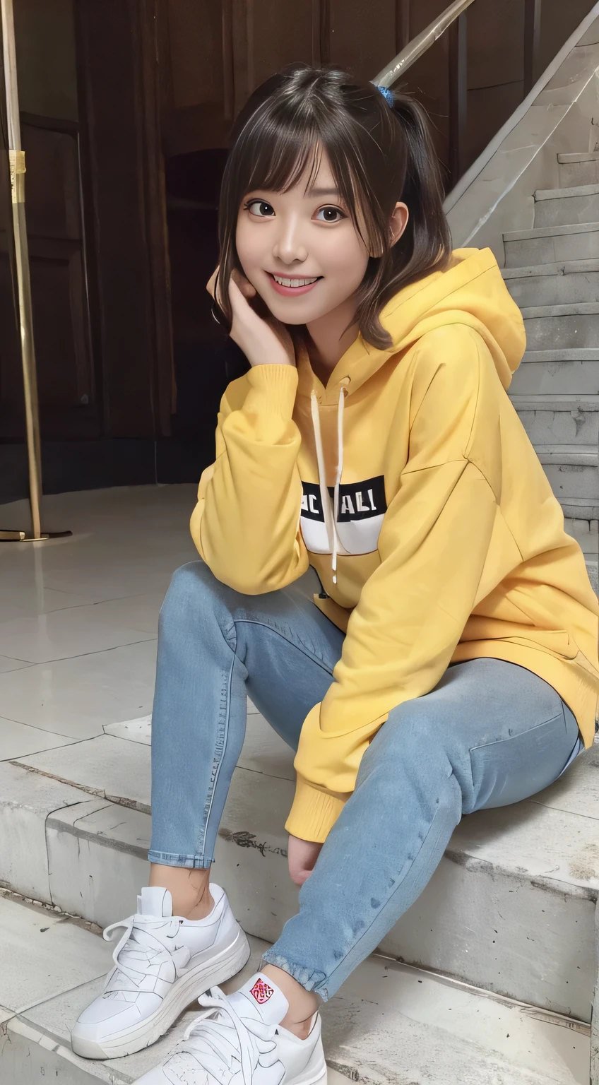 highest quality, Realistic, Very detailed, Finer details, High resolution, 8k wallpaper, One beautiful woman,Sit on the stairs、（Wear black socks）smile、（Beautiful teeth alignment、）（Gums are visible） Oversized hoodie, Skinny jeans,（ Black sneakers）、Black Hair、 Beautiful Bangs、ear piercing、Perfect dynamic composition, Beautiful and detailed, Full Body Shot, A big smile Wearing colorful socks