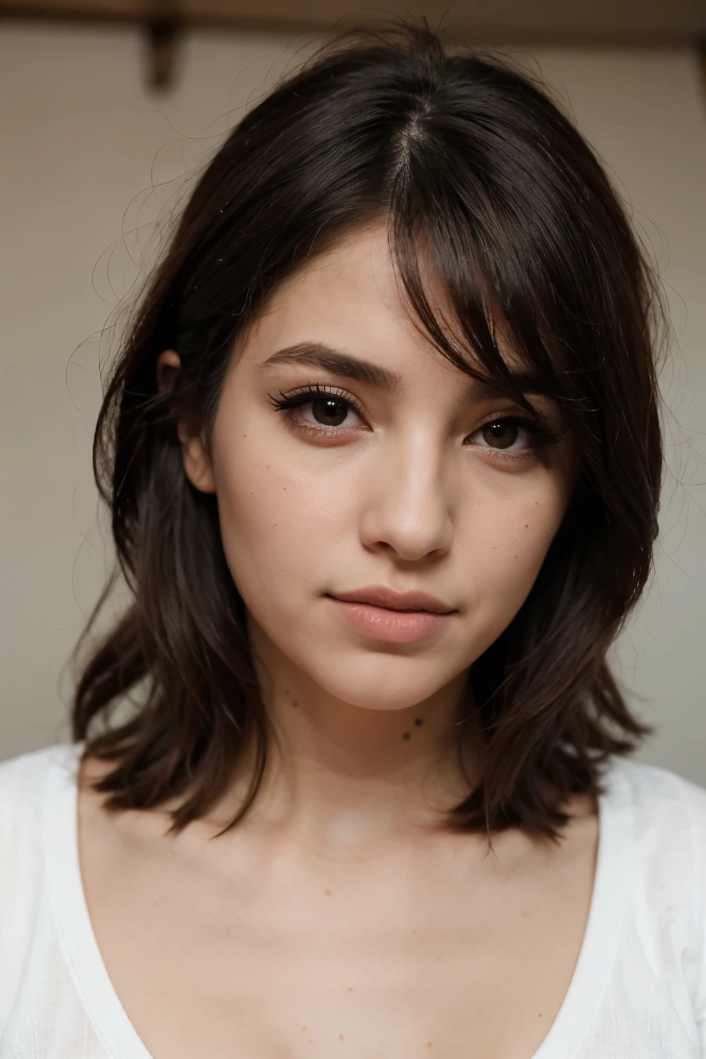 Mujer de piel de tono claro tirando a medio. Brown eyes with long eyelashes, nariz recta, labios de grosor medio. Y con cabello negro ondulado, por arriba de la cintura. Con estilo antiguo