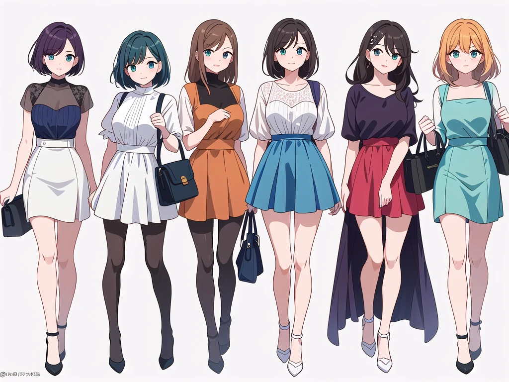 (((Best Quality))) , ((full body)), 4 lady, adult woman, multiple views, white background, variety of hairstyles, variety of fashion styles, seductive pose, fashionable and trendy atmosphere, holding bag, spring outfits, walk pose, dark blue/dark orange/dark green/dark violet/brown/white, short shorts,