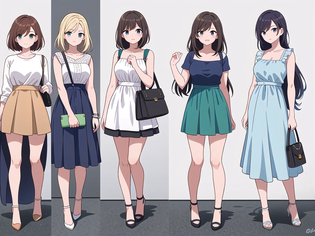 (((Best Quality))) , ((full body)), 4 lady, adult woman, multiple views, white background, variety of hairstyles, variety of fashion styles, seductive pose, fashionable and trendy atmosphere, holding bag, spring outfits, walk pose, dark blue/dark orange/dark green/dark violet/brown/white, short shorts,
