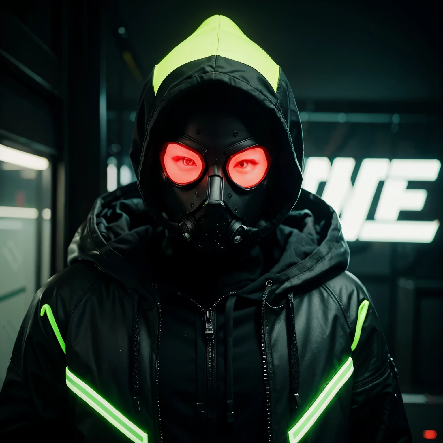 MALE CHARACTER, WITH HOOD, CYBERPUNK, NEON GREEN, MASK imagem ia