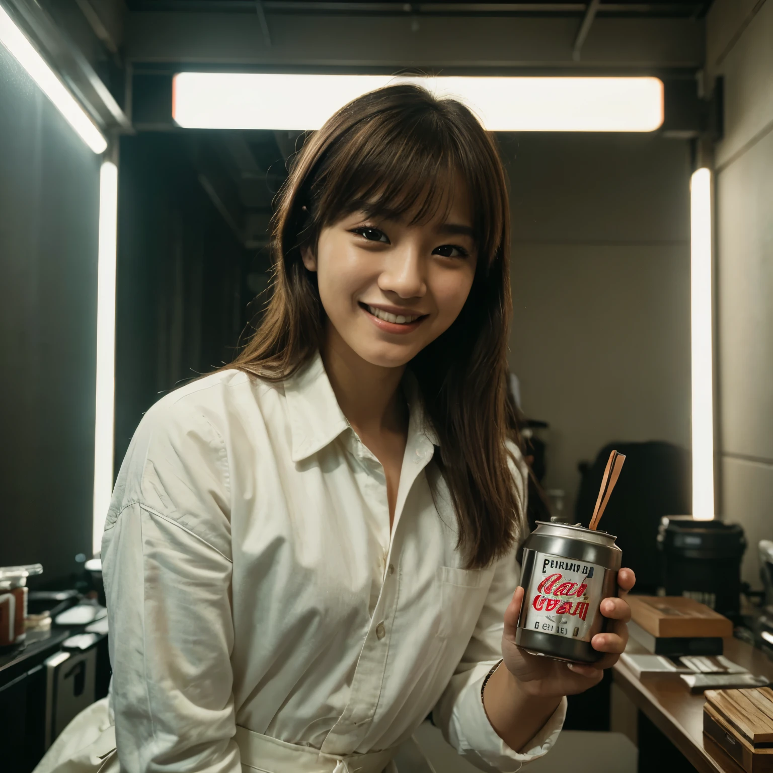 Best Quality, Masterpiece, Ultra High Resolution, (Film Grain: 1.4), Digital Photography, Bangs, Film Lighting, (Fuji Color: 1.2) Portrait,, 1 man, , satisfying, smiling, holding coca kwave can, wearing vr, background of kpop concert