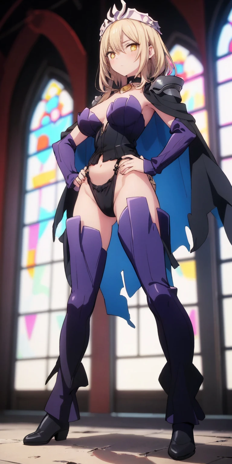 Female wearing tight gantz suit armor torn apart, black collar, corset, navel, abs, single braid, blonde, yellow glowing eyes, bright pupils, eye focus, red cape, temple indoors, stained glass windows, night, moonlight, particles, light beam, chromatic aberration, (full body, whole body. 1solo (girl) slave fighter, loincloth standing, hands on hips full body, whole body, 1solo (girl). slave fighter, standing, hands on hips, choker, big belt, view from below, feet together, bracers, tiara)