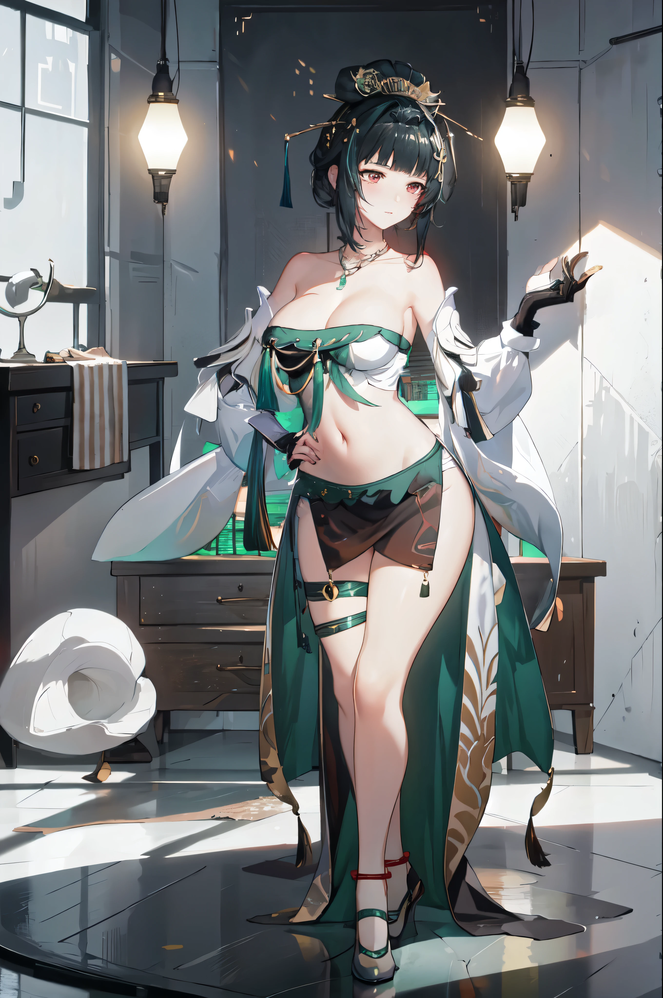 masterpiece, best quality BREAK solo, china dress, highres, 1girl, standing, (large breasts), mature female, hanying, Full body drawing, (masterpiece), (best quality), (hyperdetail), (illustration), ((extremely delicate and beautiful)), (detailed light), (prefect's body), full body drawing, Hanying, HanYing, sexy, sexy belly, sexy belly line, sexy belly button