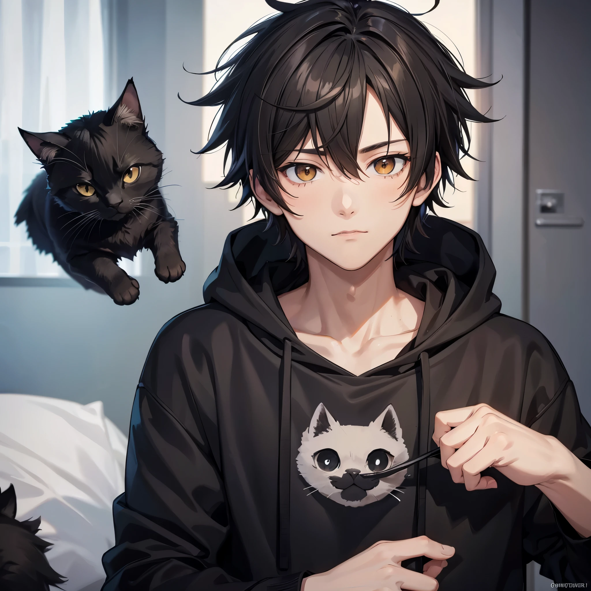 Portrait, Anime male, black messy hairstyle, brown eyes, black hoodie, black cat pet