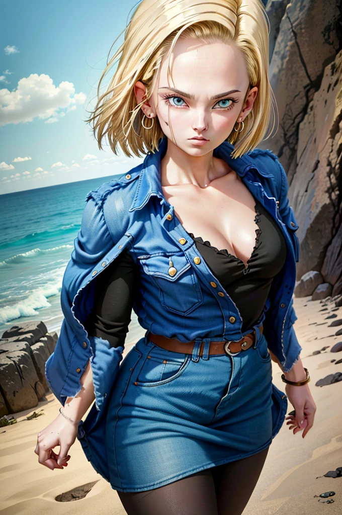 android 18,blonde hair, short hair, blue eyes, wearing earrings, vest, black shirt, long sleeves, denim jacket, looking at viewer,serious Face, close up portrait, outside, beach, ocean, blue sky, high quality, masterpiece, sexy body, sexy Dress