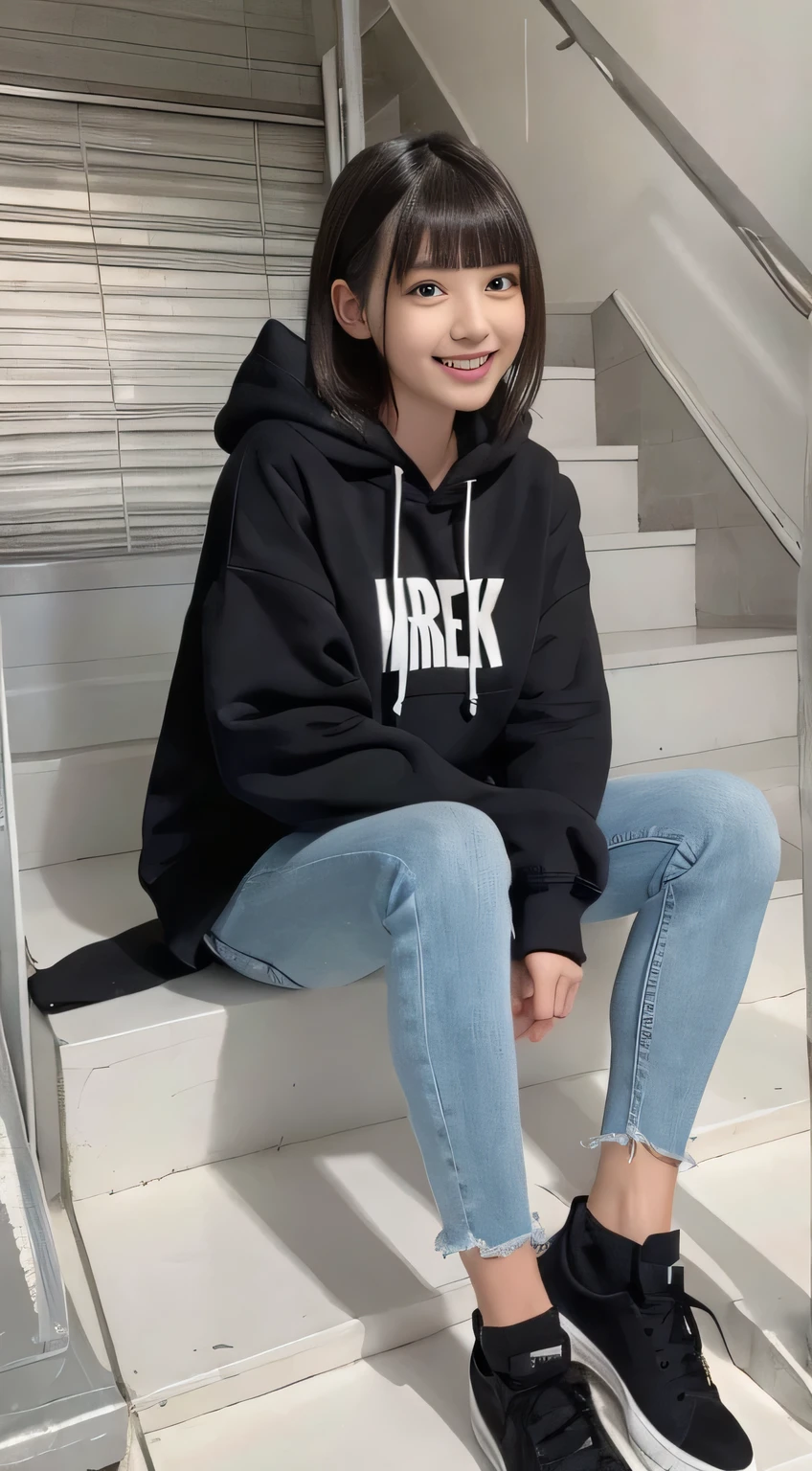 highest quality, Realistic, Very detailed, Finer details, High resolution, 8k wallpaper, One beautiful woman,Sit on the stairs、(Wear black socks)smile、(Beautiful teeth alignment、)(Gums are visible) Oversized hoodie, Skinny jeans,( Black sneakers)、Black Hair、 Beautiful Bangs、ear piercing、Perfect dynamic composition, Beautiful and detailed, Full Body Shot, A big smile Wearing colorful socks