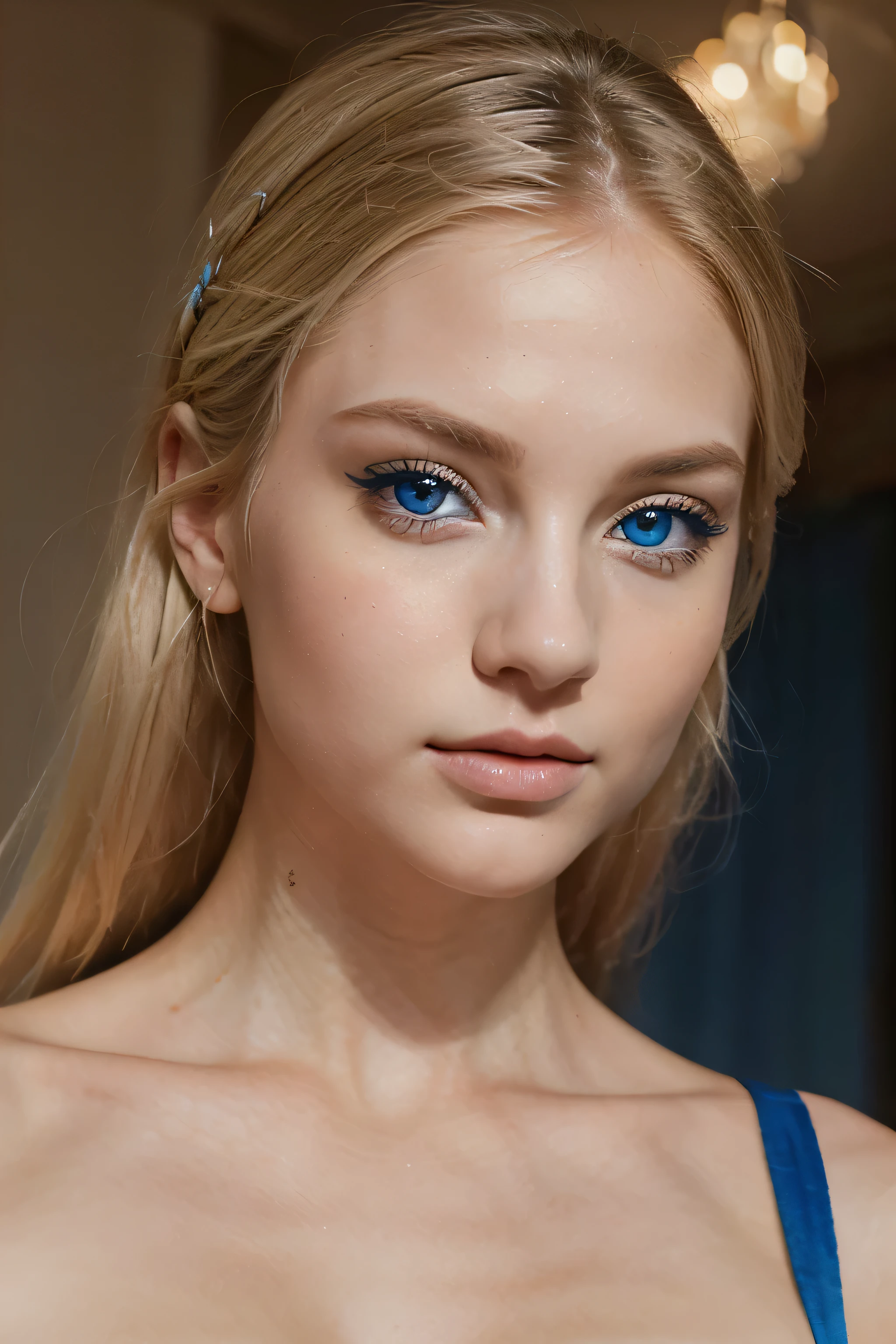 A white-skinned woman with blue, sensual eyes. Her hair would probably be blonde and luxurious, contrasting beautifully with the vibrant color of her eyes. With delicate and expressive features, her blue eyes would highlight an intense and captivating look. Her beauty would reflect a unique combination of Latin features and striking features, making her truly memorable.
