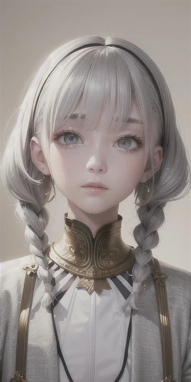 highest quality, masterpiece,Gray Hair, Golden Eyes,White clothes, look up, Upper Body,hair,Fair skin,Side braid