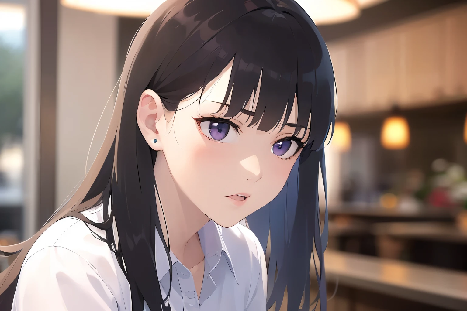 side angle, (looking away:1.5), Upper Body, Realistic, real person, (pale skin: 1.2), RAW photo, photorealistic, portrait photography, shiny skin, shiny hair、(A 25-year-old woman with straight hair and bangs) and (medium hair) and (black hair) and (purple eyes) , (white collared shirt:1.5) and (long sleeve)、(sad:1.3), open mouth, The background is the interior of a restaurant at night.、Alone、Are standing
