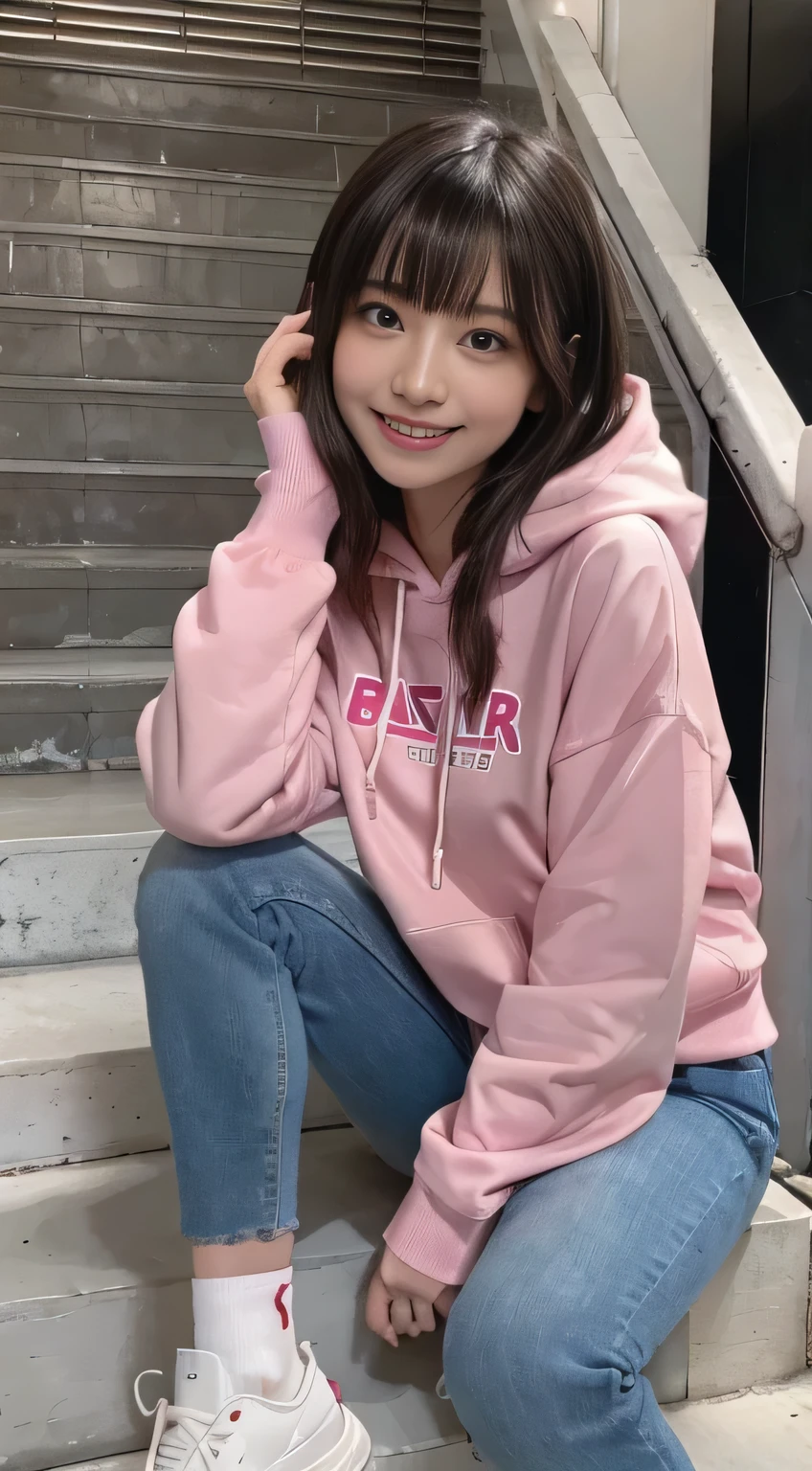 highest quality, Realistic, Very detailed, Finer details, High resolution, 8k wallpaper, One beautiful woman,Sit on the stairs、(Wear black socks)smile、(Beautiful teeth alignment、)(Gums are visible) Oversized hoodie, Skinny jeans,( Black sneakers)、Black Hair、 Beautiful Bangs、ear piercing、Perfect dynamic composition, Beautiful and detailed, Full Body Shot, A big smile Wearing colorful socks