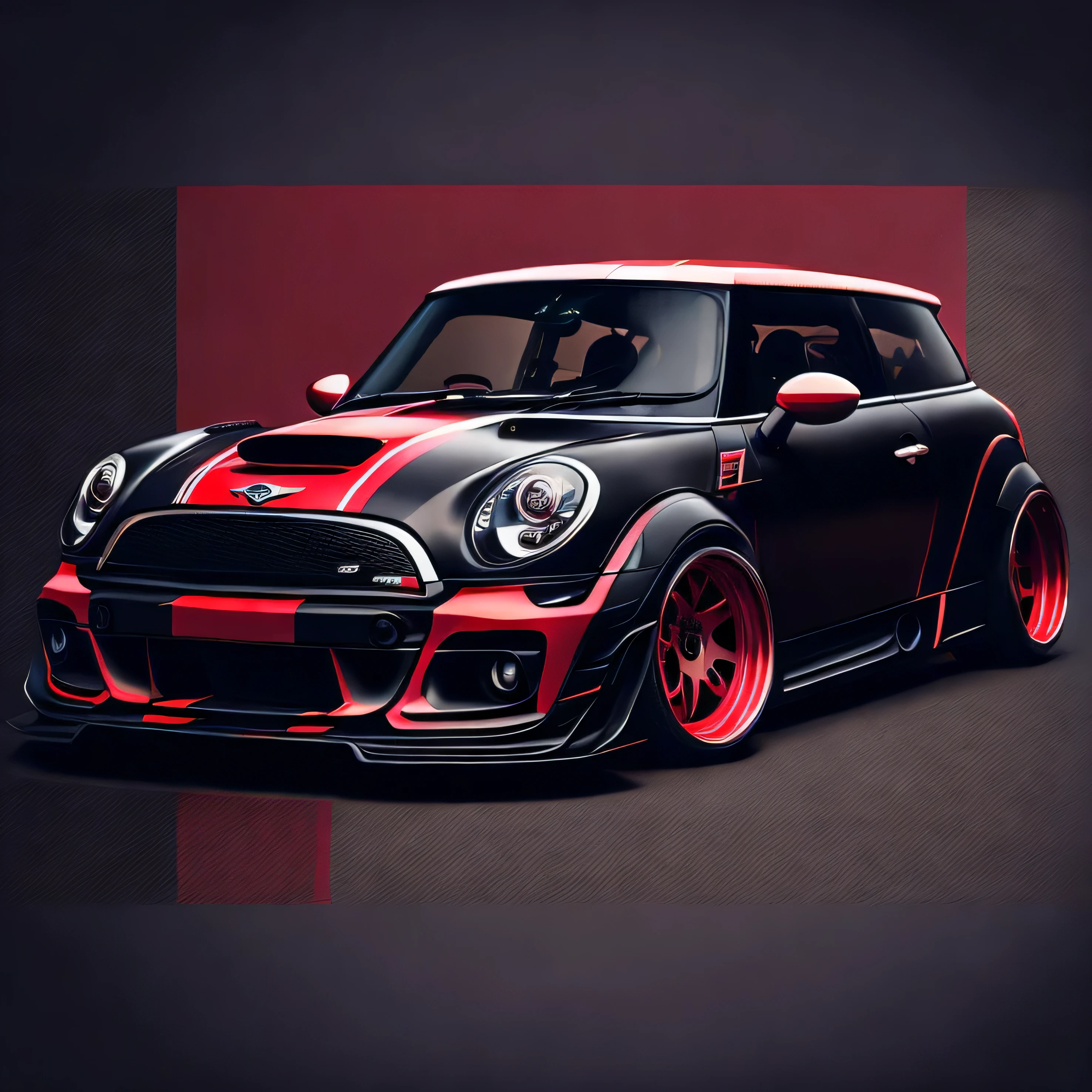 Artwork for t-shirt graphic design, three Mini Cooper S in tunnel design, classic Mini Cooper S, ((carbon fibre, Liberty walk ultra wide body kit)), aggressive stance ((background: outside old industrial style building, large windows in background, overcast sky, heavy industrial look, cobble stone street)), 8K quality, realistic, realism, sharp, detailed, ultrawide, black and carbon fibre and deep candy colour scheme, front profile, epic stance, epic ultra wide body kit, super low stance, aggressive looks , street, bold red, background British flag in vintage pastel tone, highly detailed clean, vector image, realistic masterpiece, professional photography, realistic car, car sunrise background, flat black background, isometric, vibrant vector