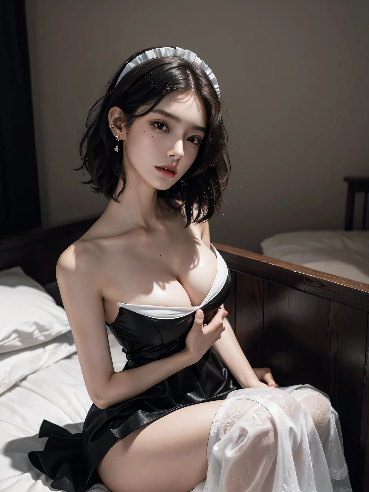 absurdres, RAW photo, extremely delicate and beautiful, masterpiece, Best Quality, ultra high resolution, 32k, hyperrealistic, ultra-detailed, perfect anatomy, perfect figure, super Detailed skin, 20 years old, very Slim body, narrow waist, very small head, very small face, delicate facial features, tearful mole, earring, thin legs, bare legs, ((very huge round breasts)), short medium hair, ((wavy hair)), wet clothes, ((black maid dress)),