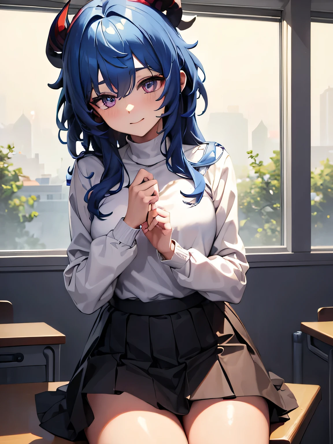 (masterpiece, best quality:1.4), 8k, messy Blue Hair and Black and Red Ram Horns Young adult purple eyes Medium chest smiling teasing in the Classroom wearing a Beige turtleneck and Black Skirt and Hat (detailed eyes and face, sharp pupils, realistic pupils:0.6)