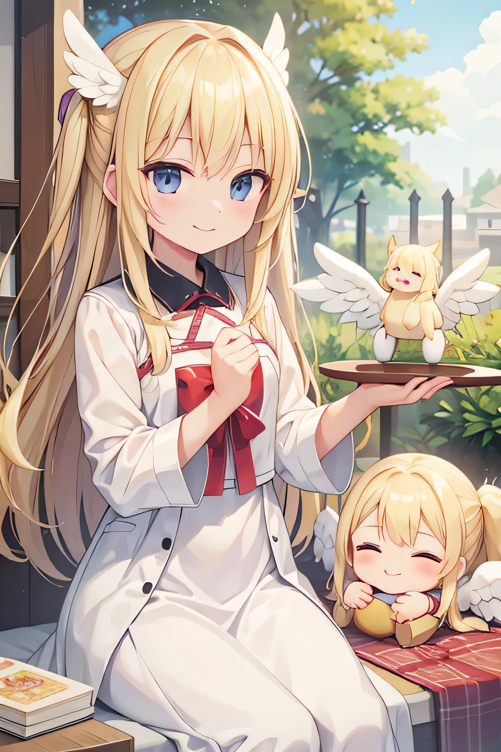 highest quality、smile、Long blonde、Angel's wing、Angel Halo、White Dress、heaven、Are standing