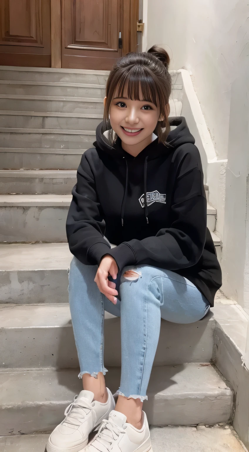 highest quality, Realistic, Very detailed, Finer details, High resolution, 8k wallpaper, One beautiful woman,Sit on the stairs、(Wear black socks)smile、(Beautiful teeth alignment、)(Gums are visible) Oversized hoodie, Skinny jeans,( Black sneakers)、Black Hair、 Beautiful Bangs、ear piercing、Perfect dynamic composition, Beautiful and detailed, Full Body Shot, A big smile