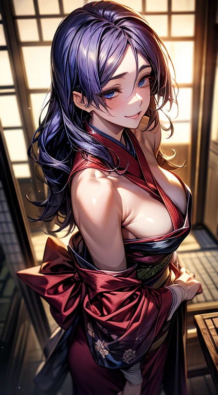 (masterpiece, best quality:1.2), (high resolution, 8K RAW photo, photo realistics, clear focus), (natural lighting, textile shading), pov, solo, face focus, 1 d woman, 28 years old, (milf:1 raised sexy, New r's visit, put your hand together, praying for happiness, closed eyes, smile, light Purple hair, medium long hair, hair over one eye, asymmetric hair, half updo hair, wavy hair, blue eyes, japanese clothes, kimono, at ZEN garden in Japanese temple, in front of torii gate, in spring, depth of field, bokeh, dynamic angle, from side above, (correct anatomy, ideal ratio of body proportions), in a night, under starry sky, Minamoto no raikou,