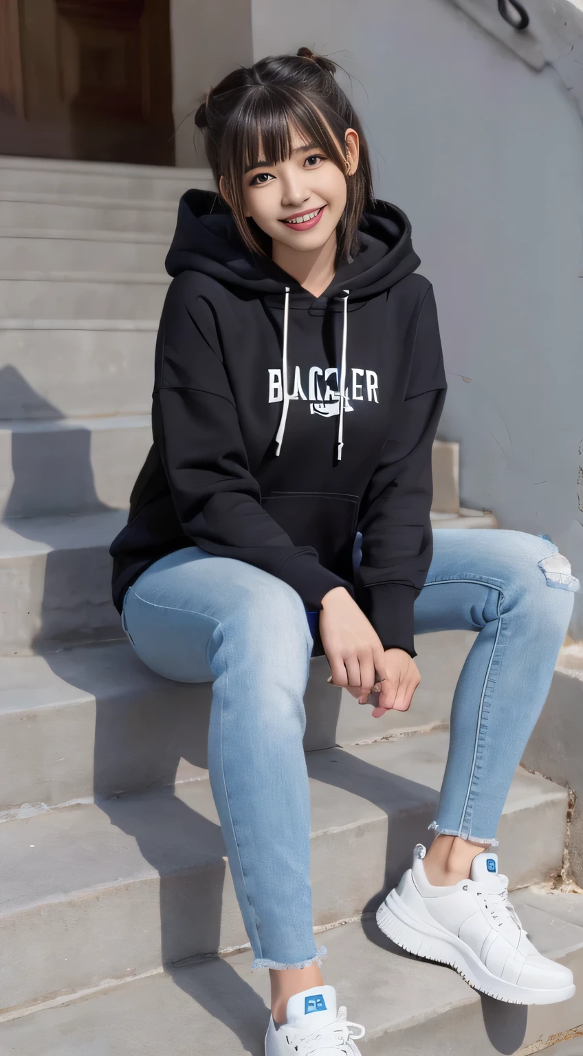 highest quality, Realistic, Very detailed, Finer details, High resolution, 8k wallpaper, One beautiful woman,Sit on the stairs、(Wear black socks)smile、(Beautiful teeth alignment、)(Gums are visible) Oversized hoodie, Skinny jeans,( Black sneakers)、Black Hair、 Beautiful Bangs、ear piercing、Perfect dynamic composition, Beautiful and detailed, Full Body Shot, A big smile