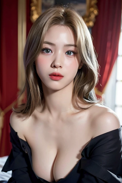highest quality、masterpiece、超A high resolution、(Photorealistic:1.4)、RAW Photos、One girl、Blonde、blue eyes、Eyes and facial details、((Off the shoulder、Too much exposed skin、Cleavage Emphasis))