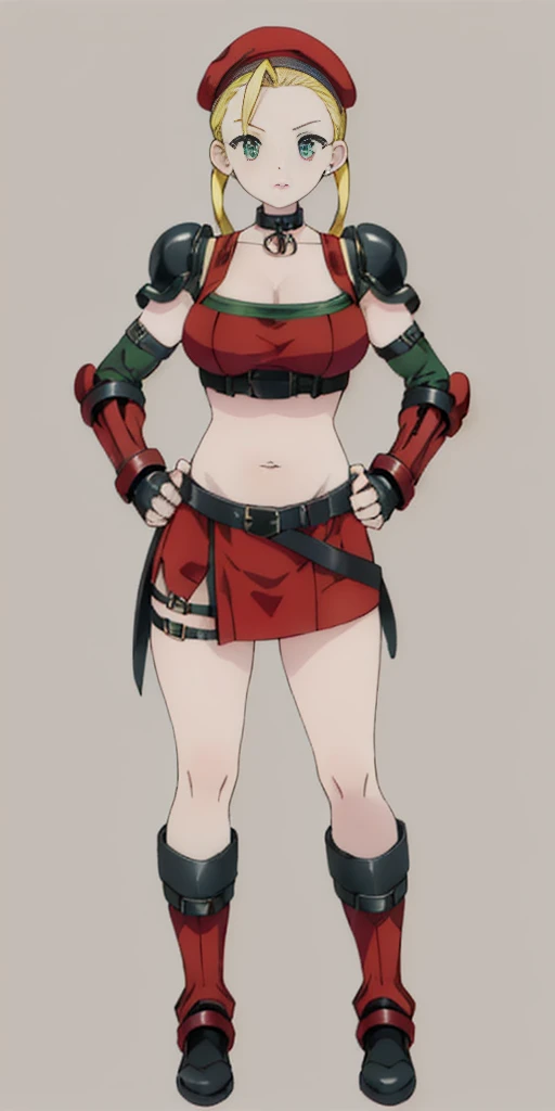 ((Plain background 1:2)) (Cammy White Street Fighter 6) Female full body standing straight symmetrical looking to the viewer RED full body armored (handcuffs, shackles, rerebrace, faulds, poleyn, gauntlets, leather collar choker) big belt under belly button, navel, belt over belly button ((hands on hips))