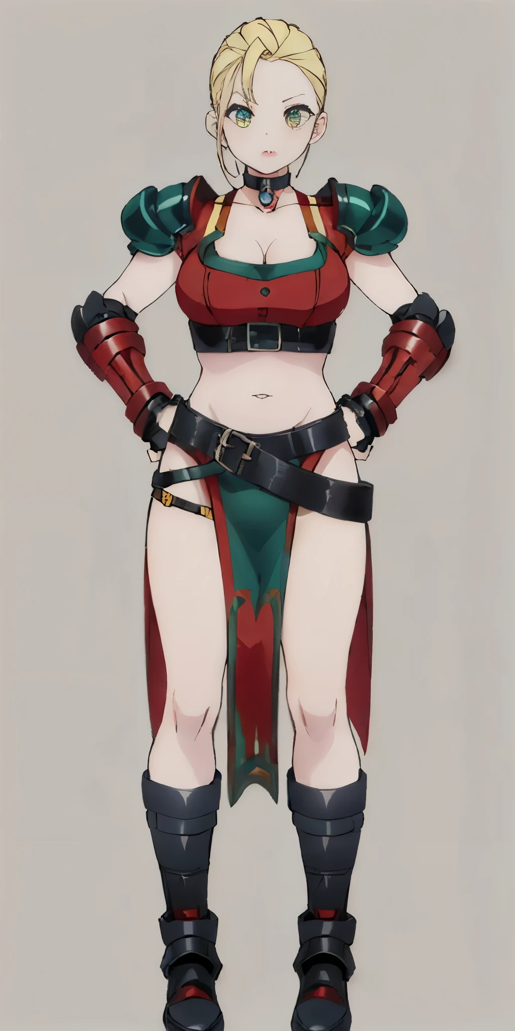 ((Plain background 1:2)) (Cammy White Street Fighter 6) Female full body standing straight symmetrical looking to the viewer RED full body armored (handcuffs, shackles, rerebrace, faulds, poleyn, gauntlets, leather collar choker) big belt under belly button, navel, belt over belly button ((hands on hips))