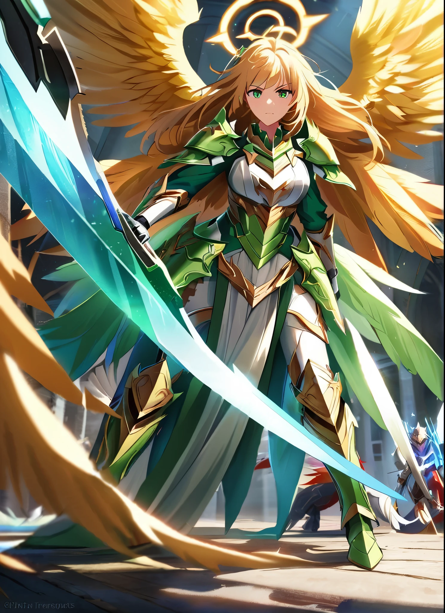 two cute angels girls kneeling on the floor,protector sword man defending the angels,dragons in the background,long flowing golden hair,fine feathered wings,enchanted armor,golden halo floating above the angels,pure white gowns,innocent expressions,soft ethereal lighting,sublime heavenly atmosphere,devastating fire breath from the dragons,scaly and menacing dragon bodies,intense battle unfolding,emerald green eyes shining with determination,epic fantasy setting,sparkling divine aura around the angels,fluttering feathers as they fight,beams of divine light illuminating the scene,dynamic composition capturing the movement,sharp textures on the swords and armor,vivid colors enhancing the action,mythical creatures surrounding the battlefield
